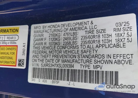 2025 Honda Cr-V Ex-L 2Wd из США, поврежденный, VIN 5J6RS3H7XSL009384